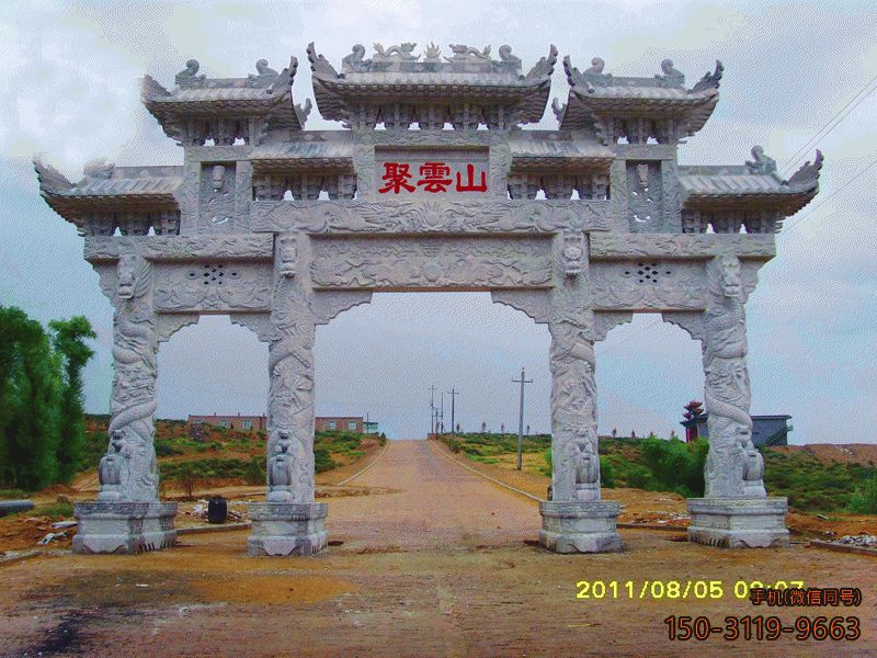 景點牌坊大門石雕_三間四柱牌樓雕塑