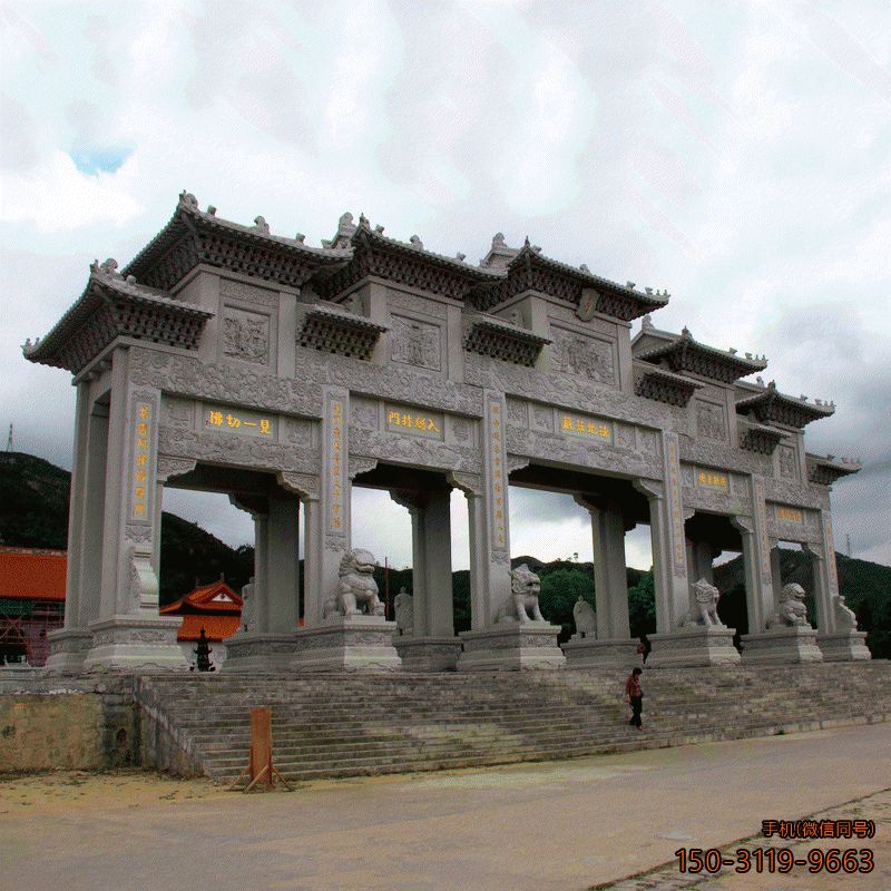 花崗巖石門(mén)牌樓_街道路口石刻山門(mén)雕塑