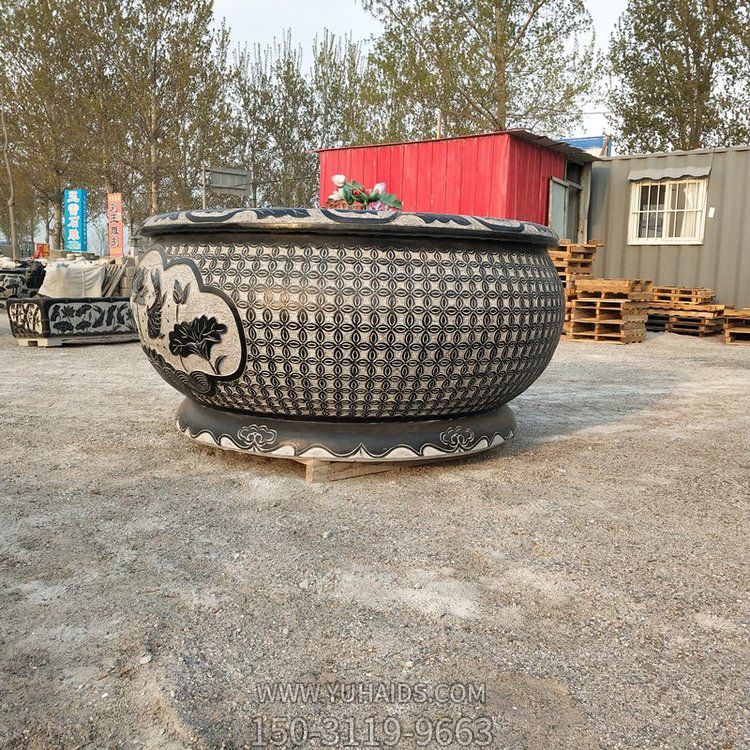編織網(wǎng)青石石雕戶外園林景觀魚(yú)缸雕塑
