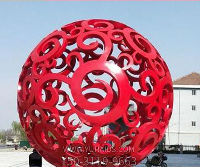 公園廣場(chǎng)玻璃鋼抽象紅色鏤空球雕塑