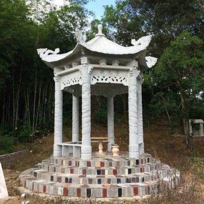 漢白玉六角石雕亭子，公園園林休息涼亭