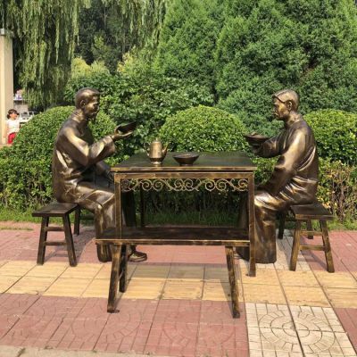 大碗茶，玻璃鋼仿銅民俗生活人物情景雕塑