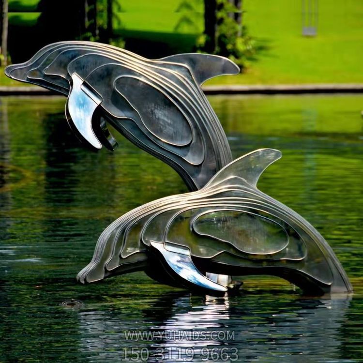 不銹鋼海豚雕塑，池塘水景抽象海豚景觀動物雕塑