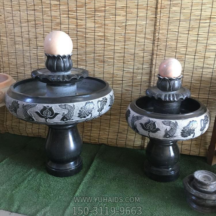 小型室內(nèi)黑色大理石風水球水缽，辦公家用招財風水擺件雕塑