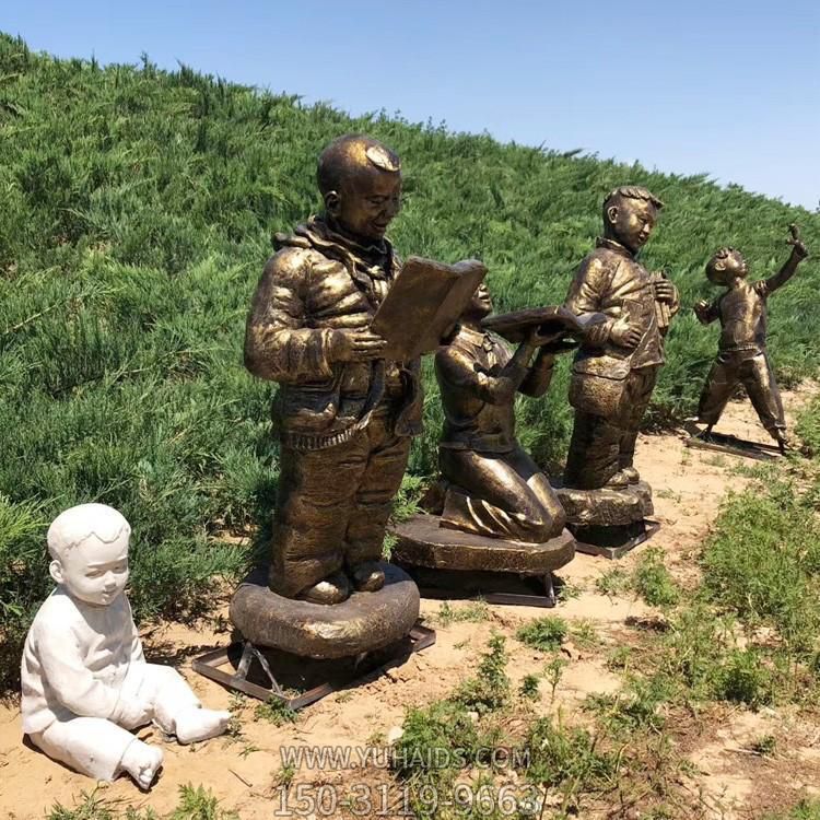 戶外公園玻璃鋼仿銅看書(shū)的兒童景觀雕塑