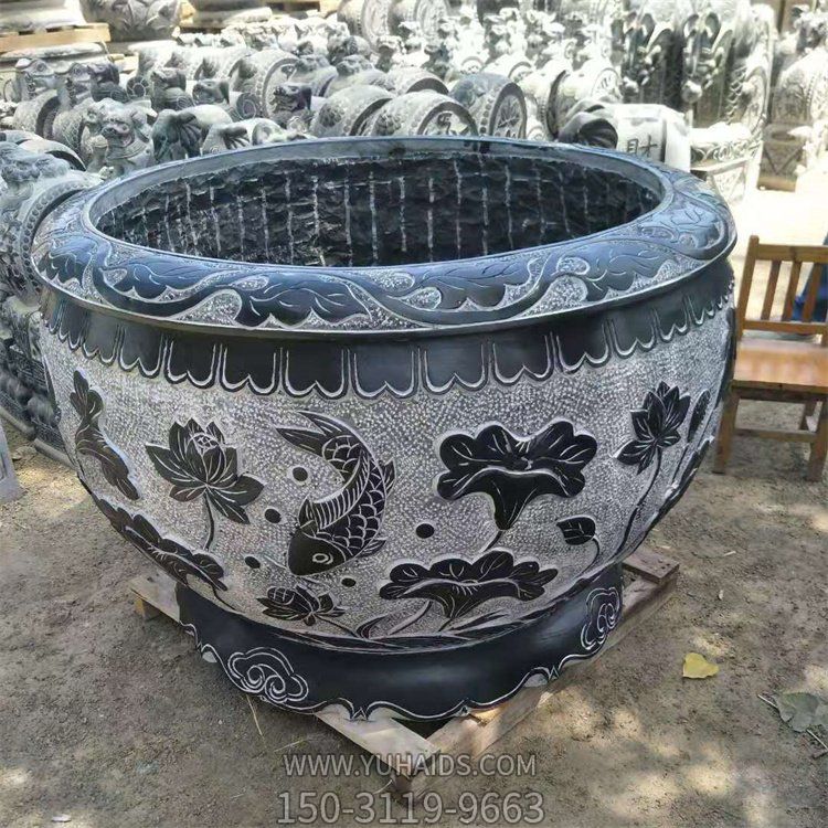 魚(yú)戲蓮葉間青石水缸雕塑