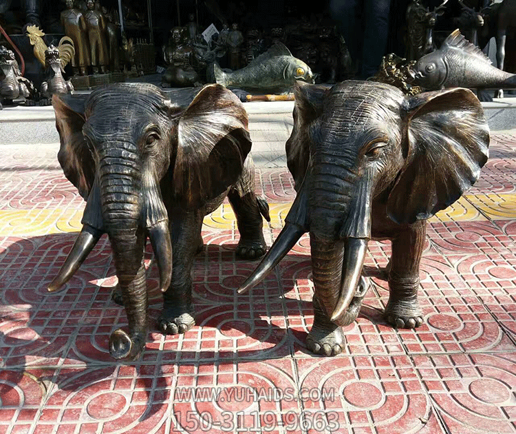 鑄銅小象一對，吉祥動物銅雕擺件雕塑