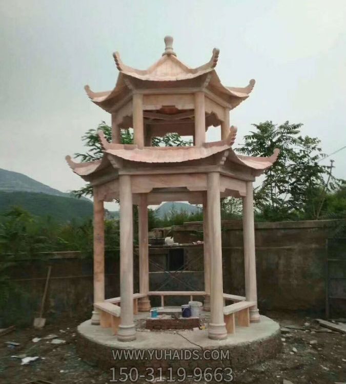 大理石晚霞紅雙層石亭庭院戶(hù)外休閑涼亭擺件雕塑