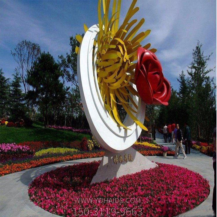 姊妹并艷，不銹鋼創(chuàng)意玫瑰花、菊花景觀雕塑