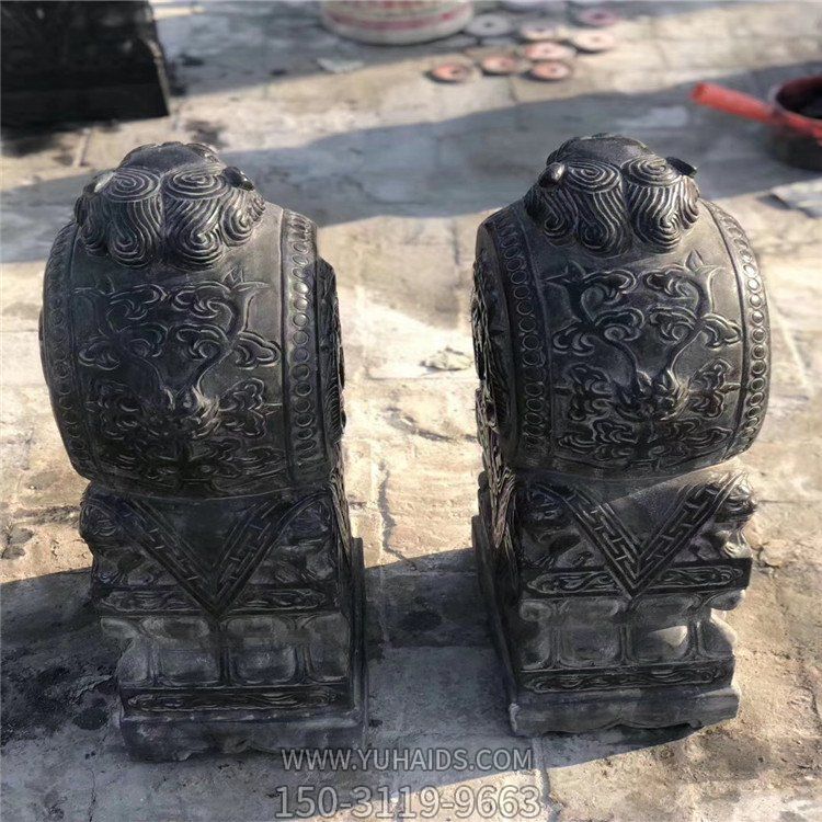 石雕門(mén)墩抱鼓石一對(duì) 青石做舊麒麟庭院門(mén)鼓雕塑