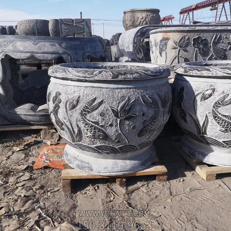 青石仿古荷花魚(yú)缸庭院中式石雕花盆雕塑