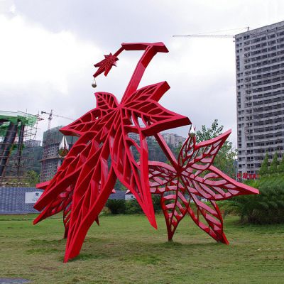 不銹鋼樹(shù)葉景觀擺件，紅色楓葉不銹鋼雕塑