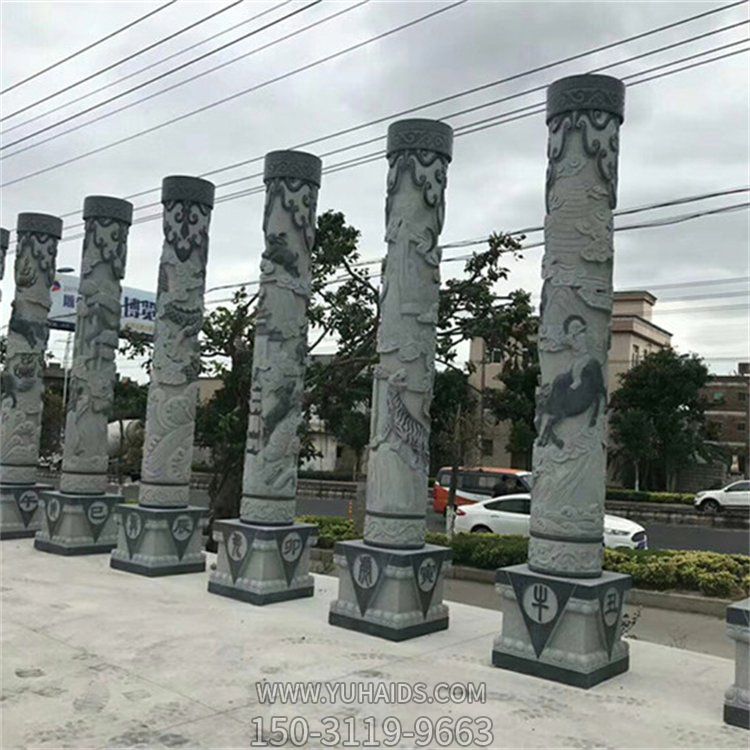 廣場擺放大型大理石浮雕動(dòng)物文化石柱雕塑