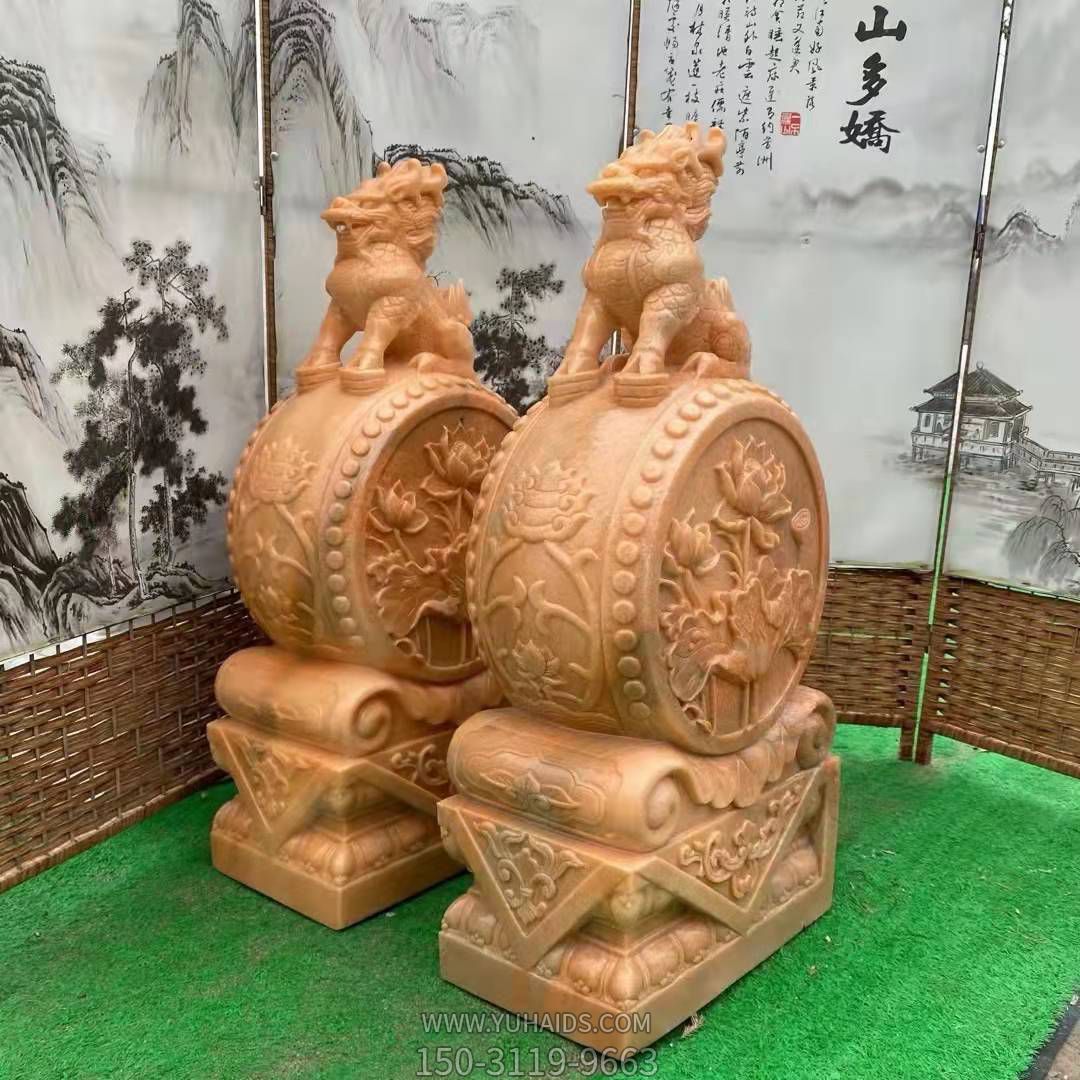 麒麟抱鼓石，晚霞紅荷花門墩雕塑