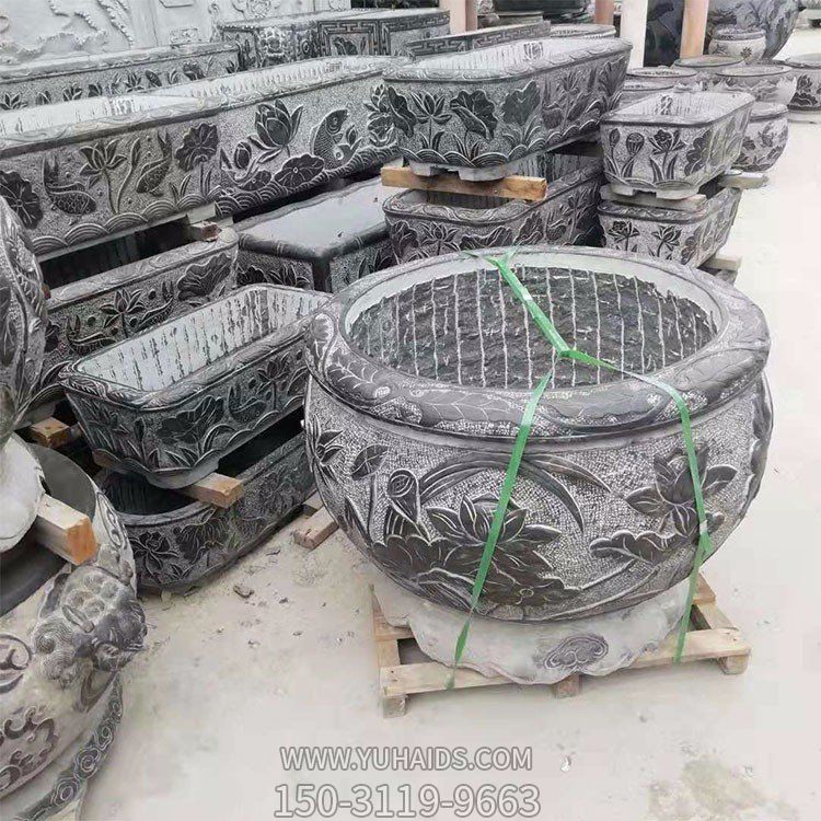 老石槽，黑色大理石石雕水缸水盆雕塑