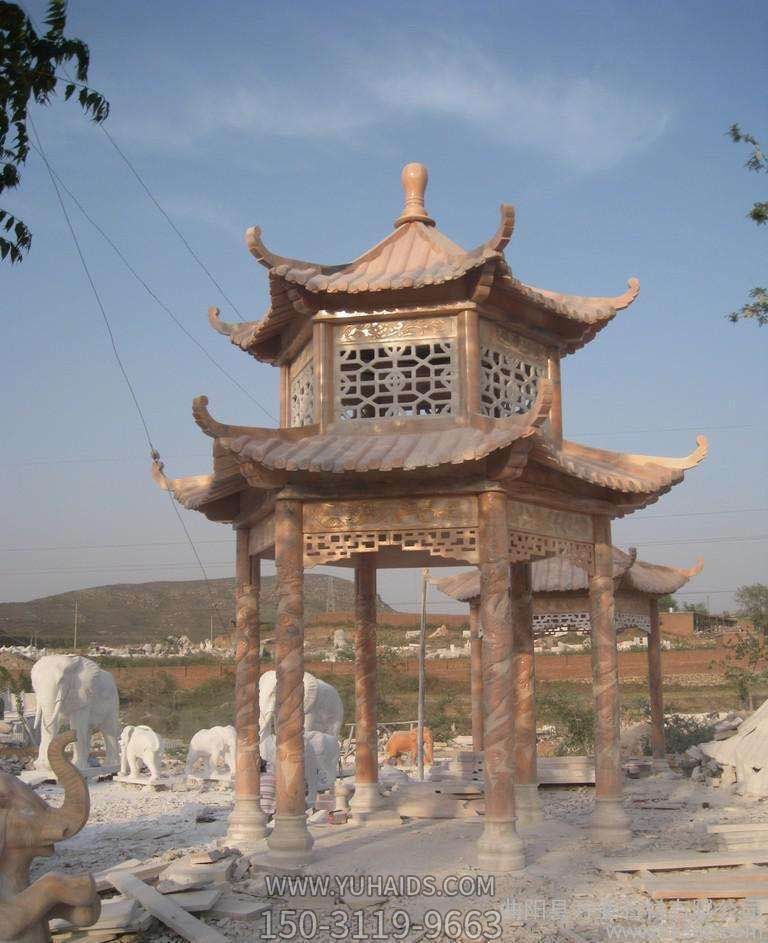 雙層雕刻鏤空黃蠟石園林草坪擺放觀(guān)景涼亭雕塑