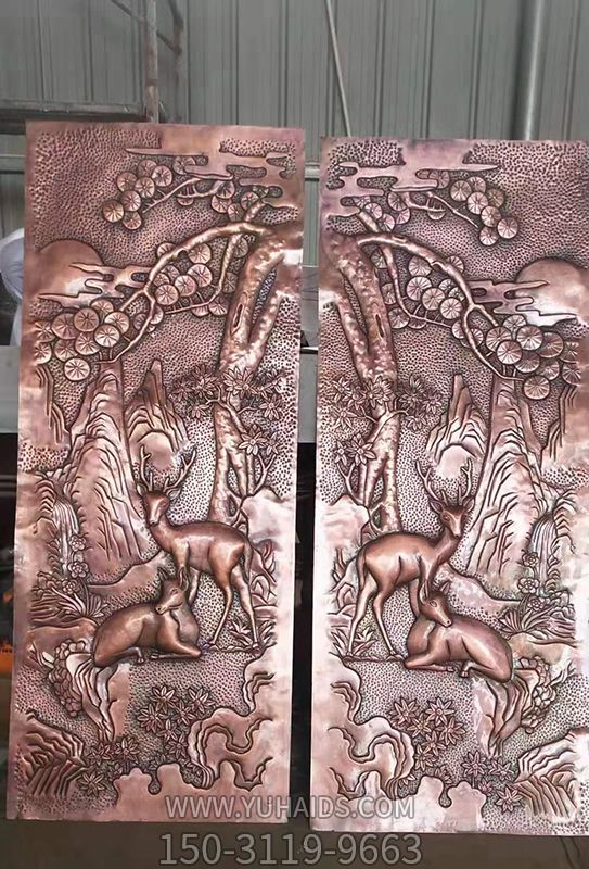 福壽安康紫銅浮雕裝飾壁畫(huà)，鹿和松樹(shù)雕塑