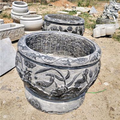 青石魚(yú)缸，鯉魚(yú)荷花刻紋仿古水缸