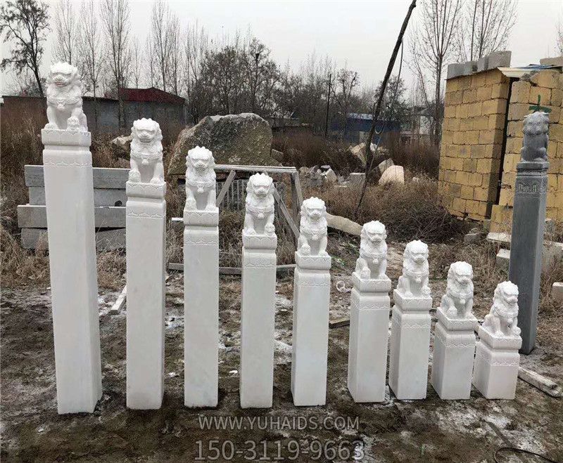 漢白玉獅子家用門(mén)前擺放拴馬柱雕塑