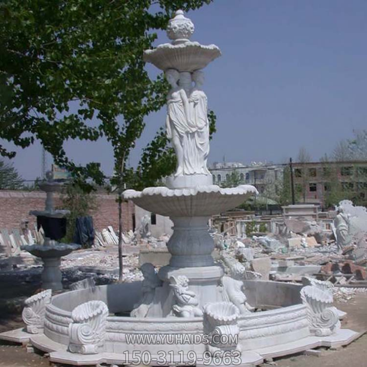 漢白玉石雕噴泉，歐式人物裝飾噴泉流水缽雕塑