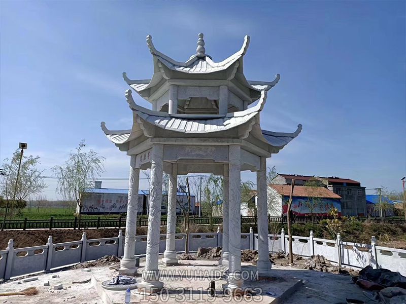 園林戶(hù)外雙層古建筑休閑區(qū)擺放涼亭雕塑