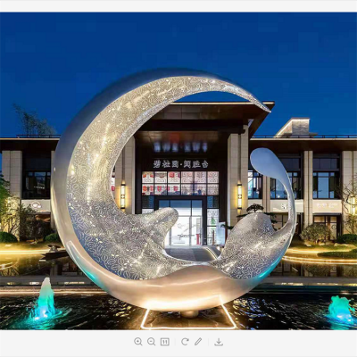 不銹鋼月亮水滴雕塑，透光水景裝飾雕塑