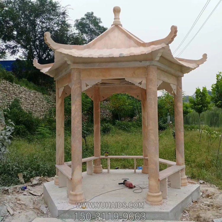 園林景區(qū)黃蠟石石雕中式涼亭擺件雕塑
