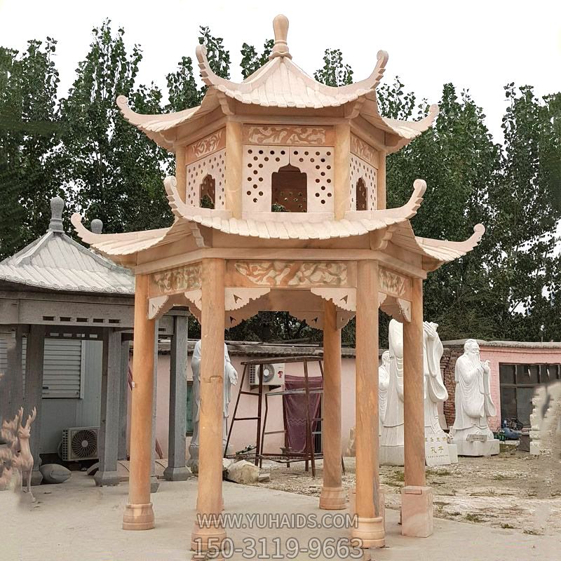 寺院戶(hù)外擺放晚霞紅復(fù)式頂休息涼亭雕塑