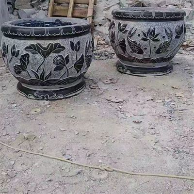 鯉魚，荷花，荷葉紋飾石雕水缸