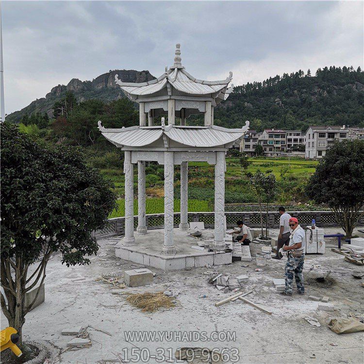 石雕涼亭，雙層六柱石亭子雕塑