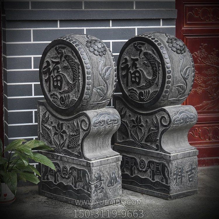 古建門口抱鼓石，黑色大理石雕刻雕塑