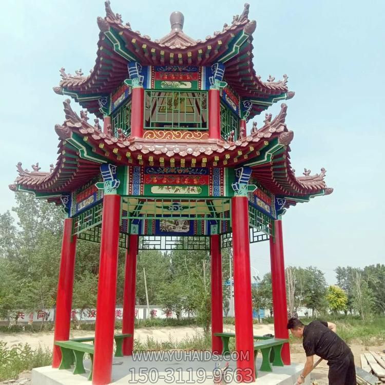 公園戶(hù)外擺放防腐木中式二層頂休閑涼亭雕塑