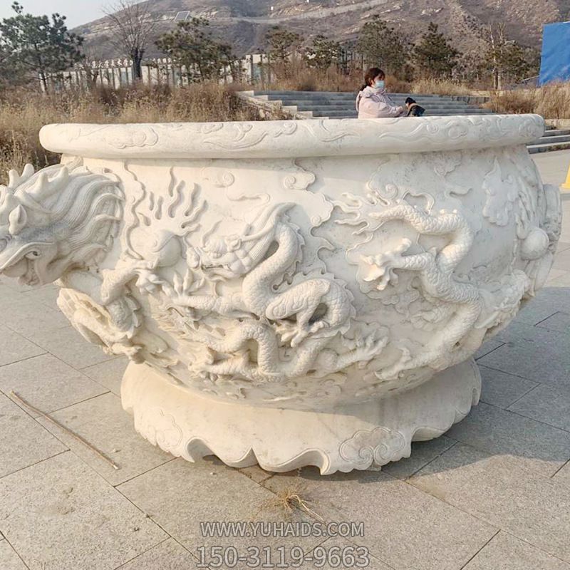 戶(hù)外庭院漢白玉石雕龍浮雕缸雕塑