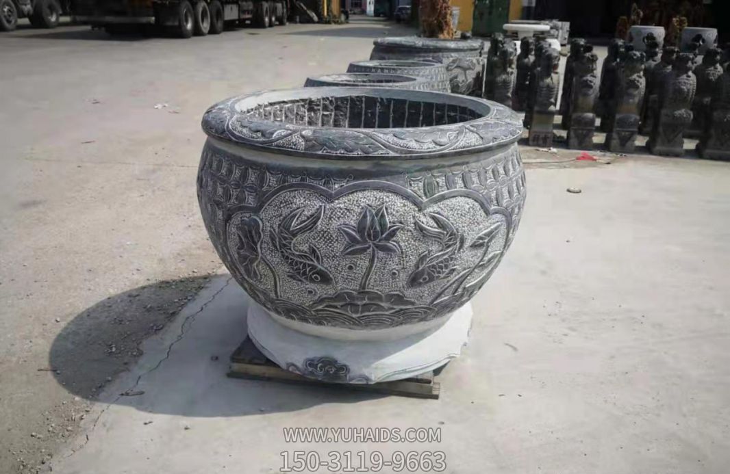 庭院別墅創(chuàng)意仿古石雕浮雕荷花鯉魚(yú)缸雕塑